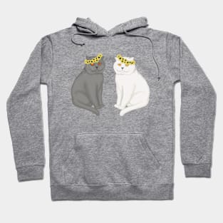 Two cats in the wreaths on the head from sunflowers. Grey and white cats. Hoodie